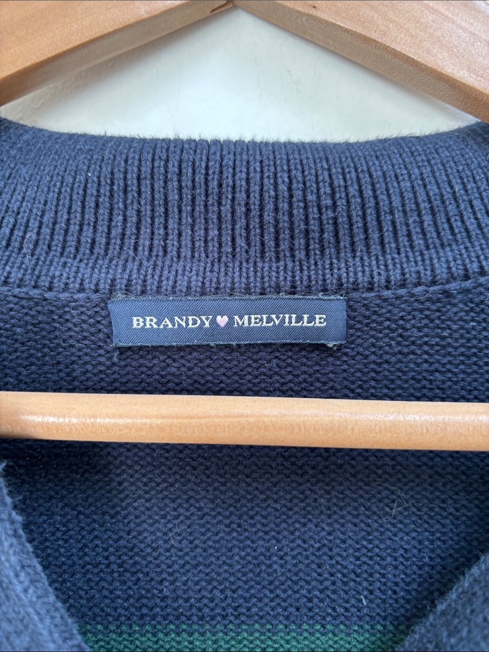 Brandy Melville Navy & Forest Green Striped V-Neck Sweater - Picture 2 of 7